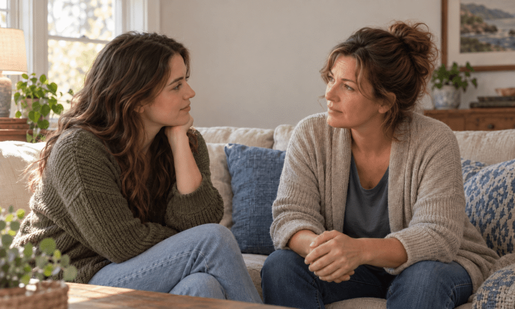 Two family members having a calm, private conversation at home about a loved one's substance use