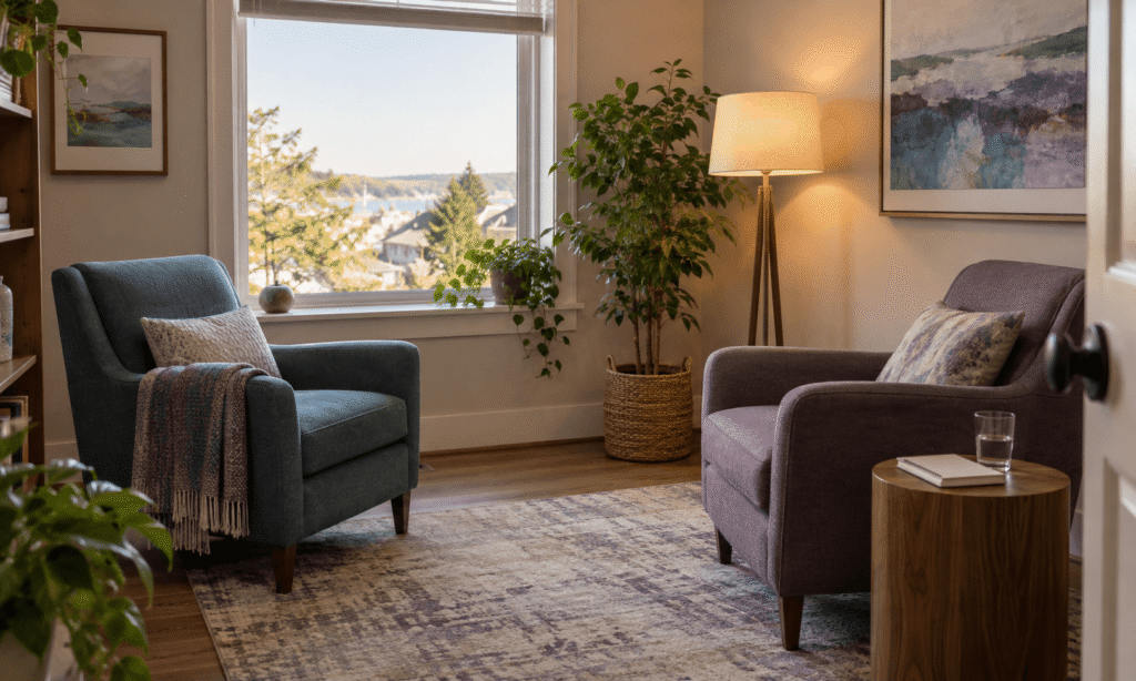 A calm consultation room representing the first assessment appointment for outpatient addiction treatment in Massachusetts