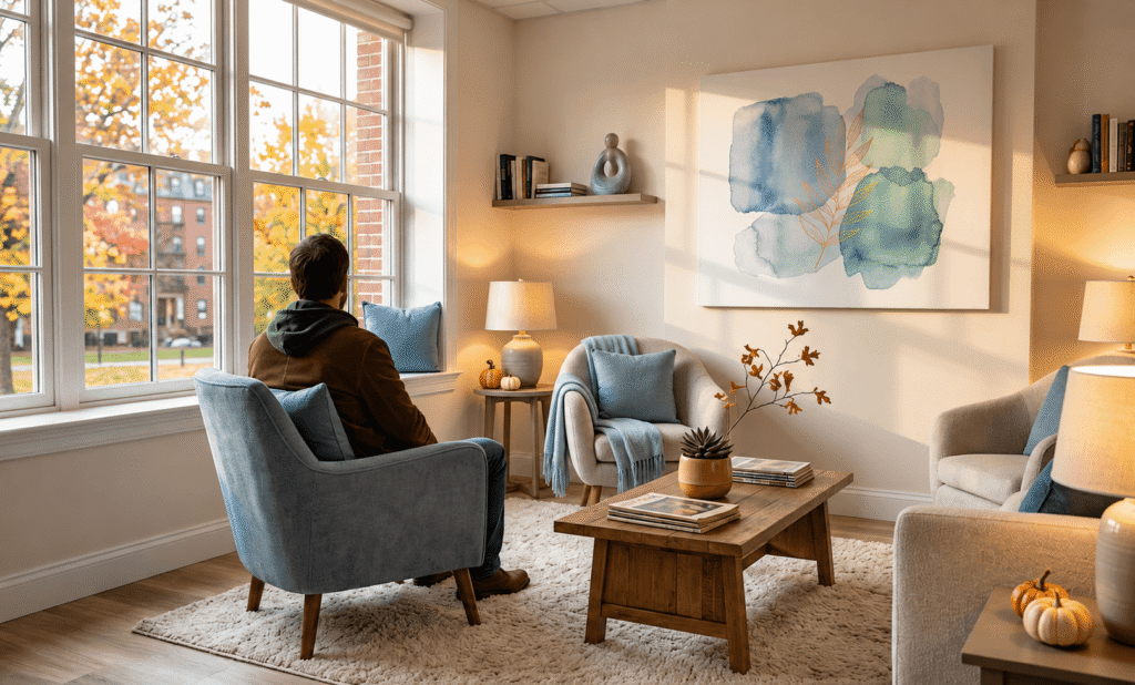 A welcoming outpatient treatment space in Massachusetts representing support available before the fall season gets harder