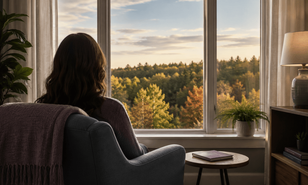 Person looking out a window in a moment of quiet reflection during National Recovery Month in Massachusetts