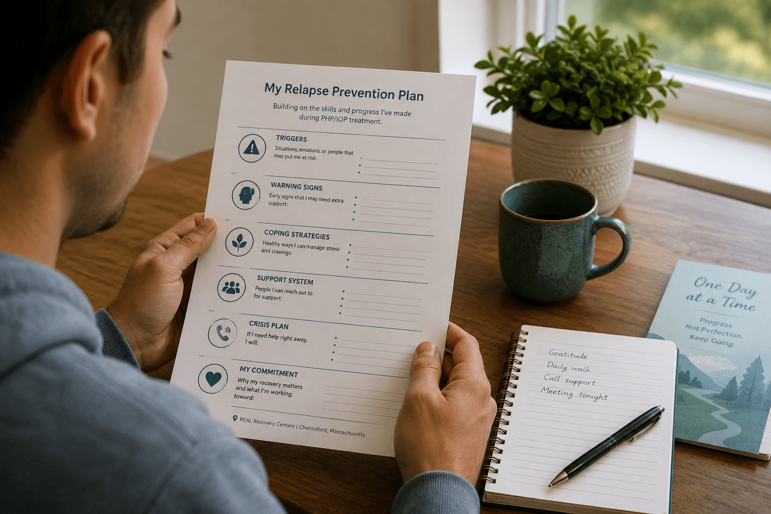 Person reviewing a written relapse prevention plan after completing PHP or IOP treatment in Massachusetts