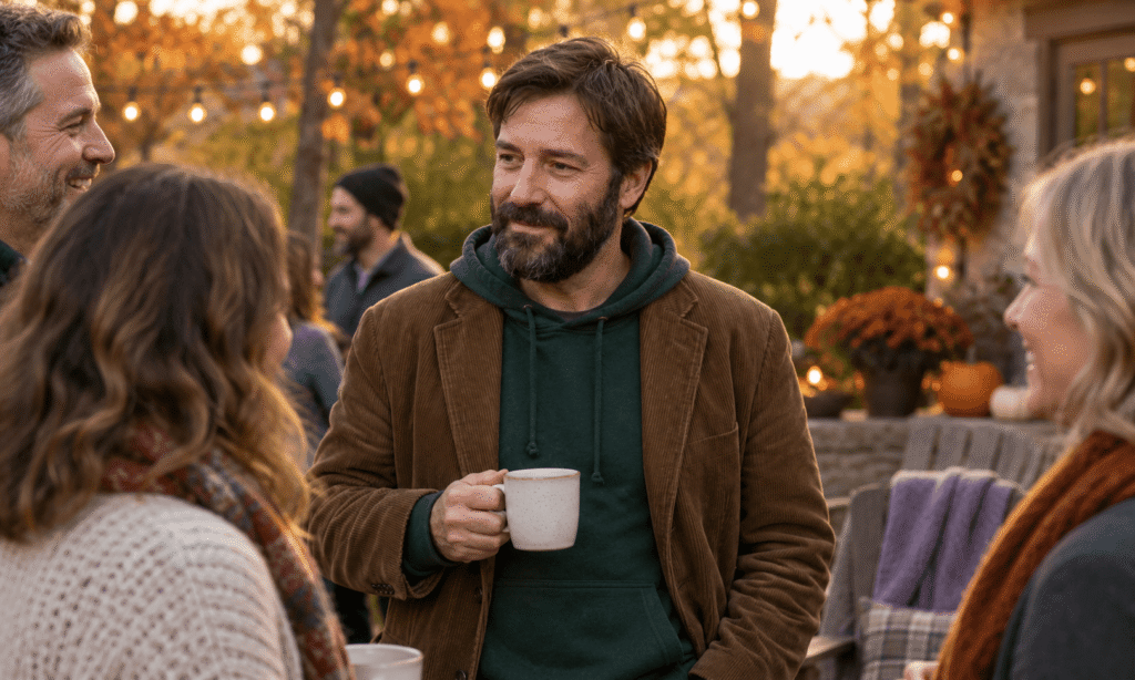 person holding a non-alcoholic drink at an outdoor fall gathering, representing a practical strategy for staying sober at tailgates and Halloween events
